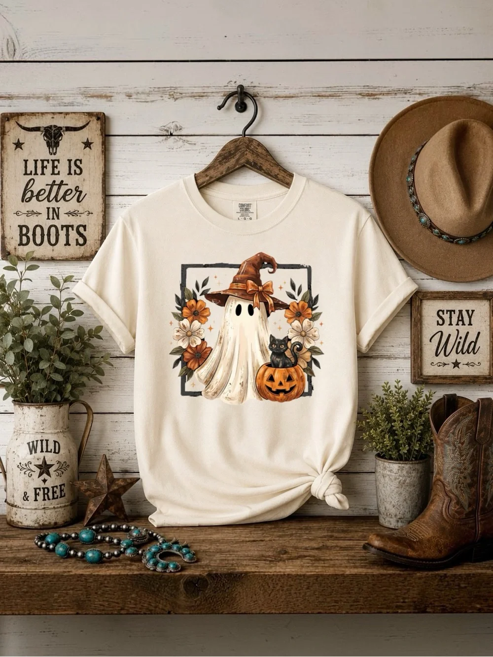 Halloween Ghost Graphic Tee NEW S M L XL fun ghost with pumpkin and flowers sand